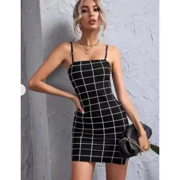 Mini abito aderente da donna sexy con spalline sottili a quadri retrò