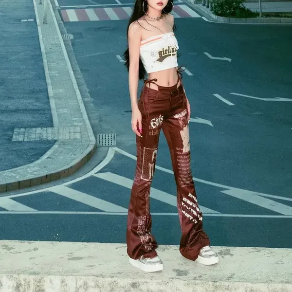 Pantaloni casual con lacci e stampa di lettere Sa, stile street shooting