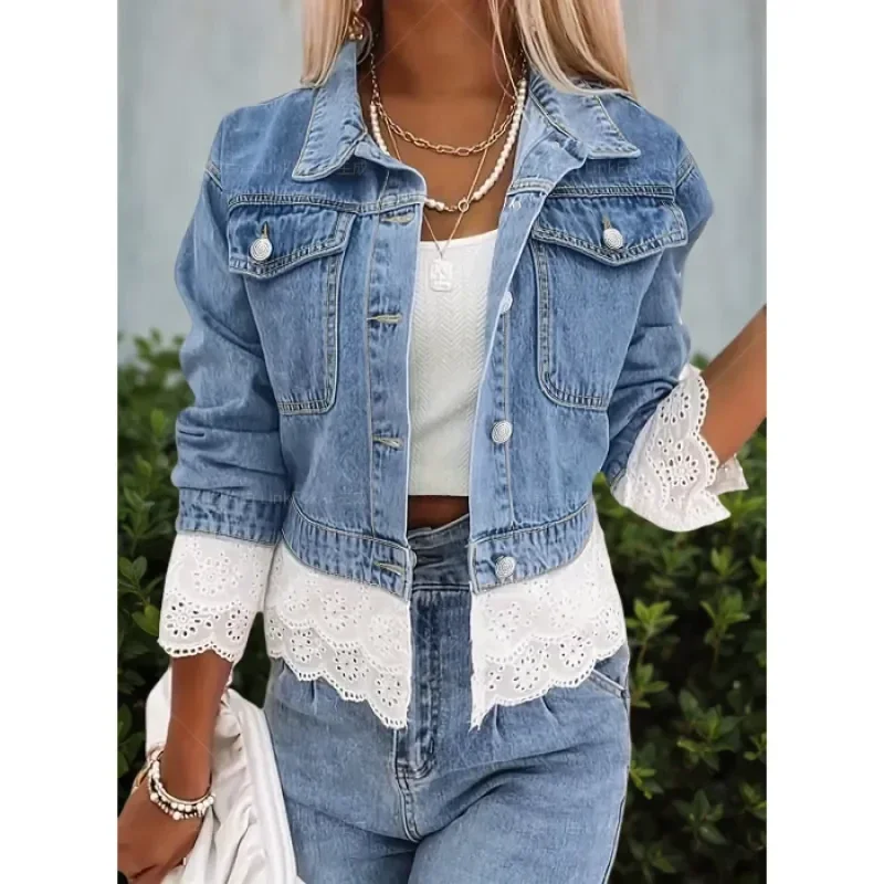 Giacca da donna in denim con cuciture in pizzo