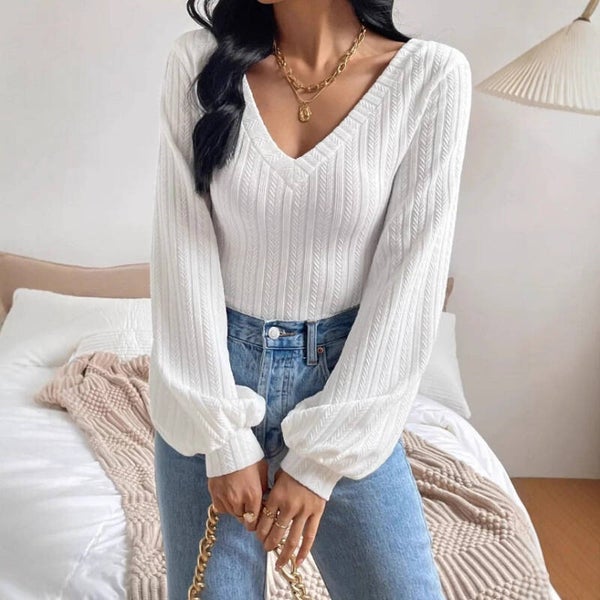 Top casual da donna in maglia con scollo a V e maniche lunghe