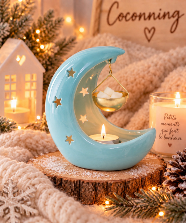 Brûleur à fondants parfumés Lune étoilée bleu pastel ✨🌙
