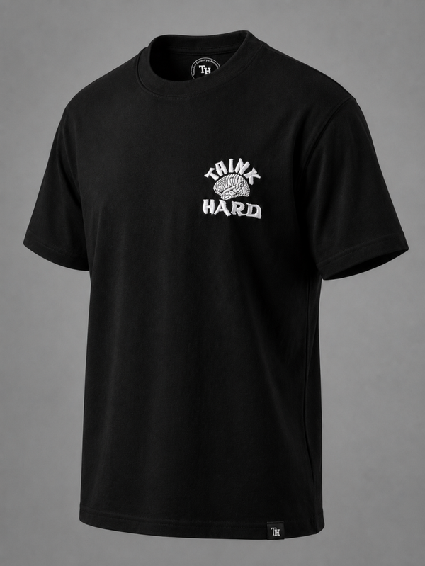 THINK HARD Signature Embroidered Box Tee – Black