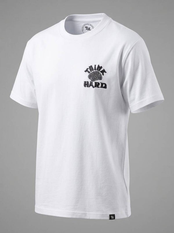 THINK HARD Signature Embroidered Box Tee – White