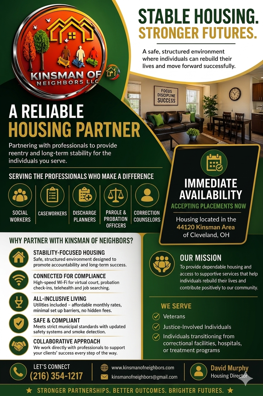 Flyer for Kinsman of Neighbors LLC providing stable housing for veterans and justice-involved individuals in Cleveland, OH.
