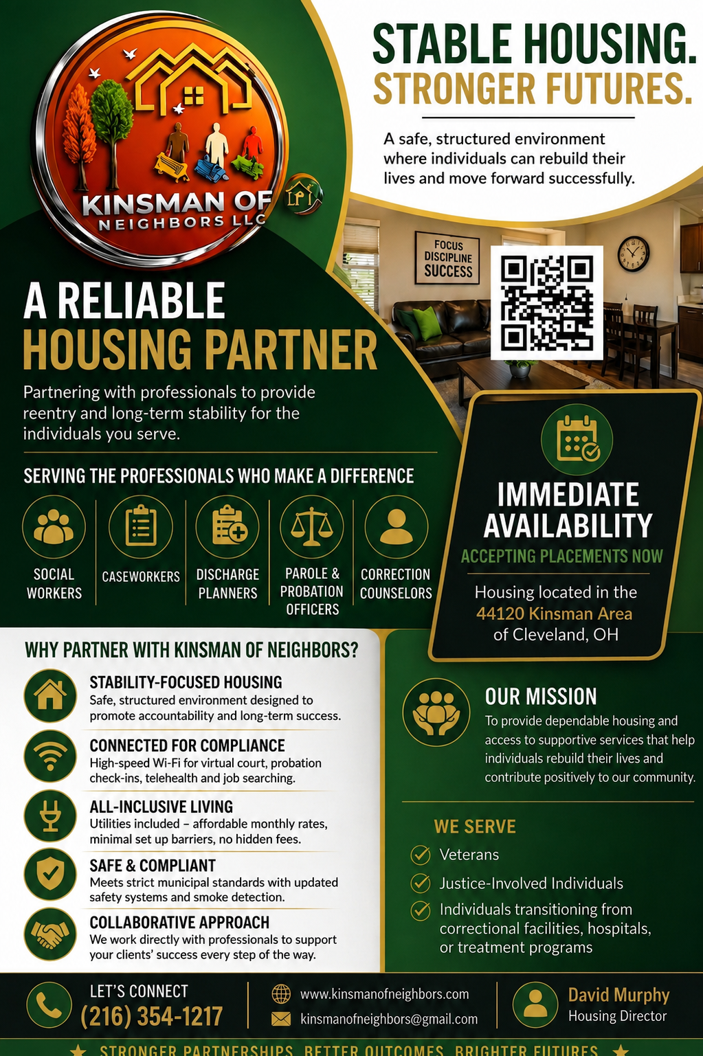 Flyer for Kinsman of Neighbors LLC providing stable housing for veterans and justice-involved individuals in Cleveland, OH.