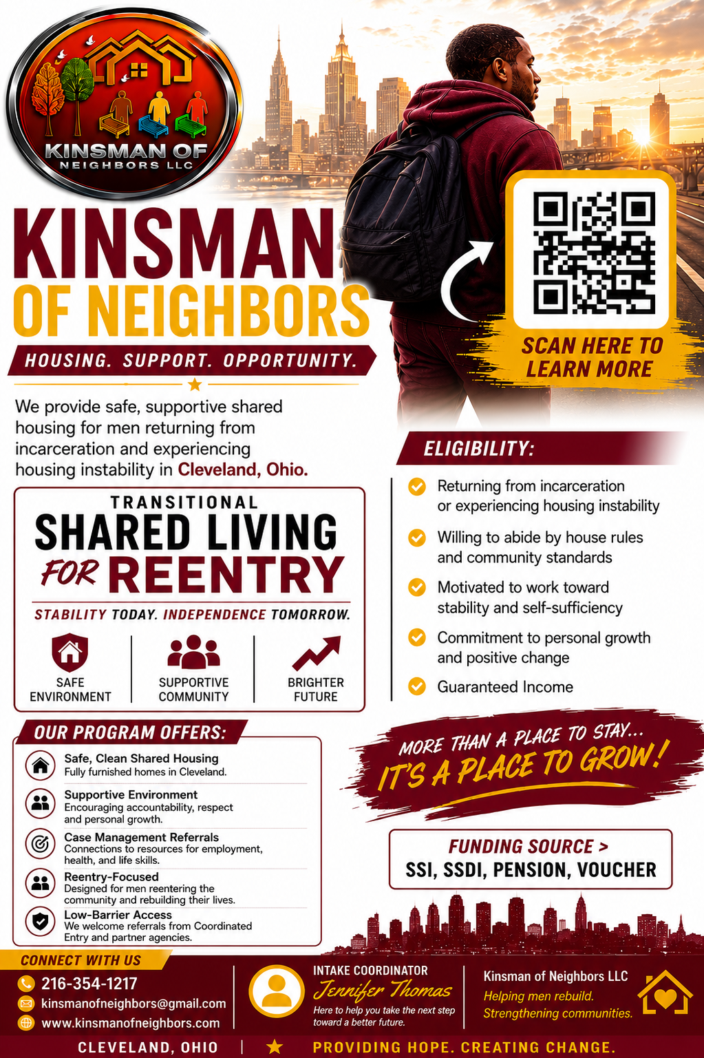 Flyer for Kinsman of Neighbors LLC providing stable housing for veterans and justice-involved individuals in Cleveland, OH.
