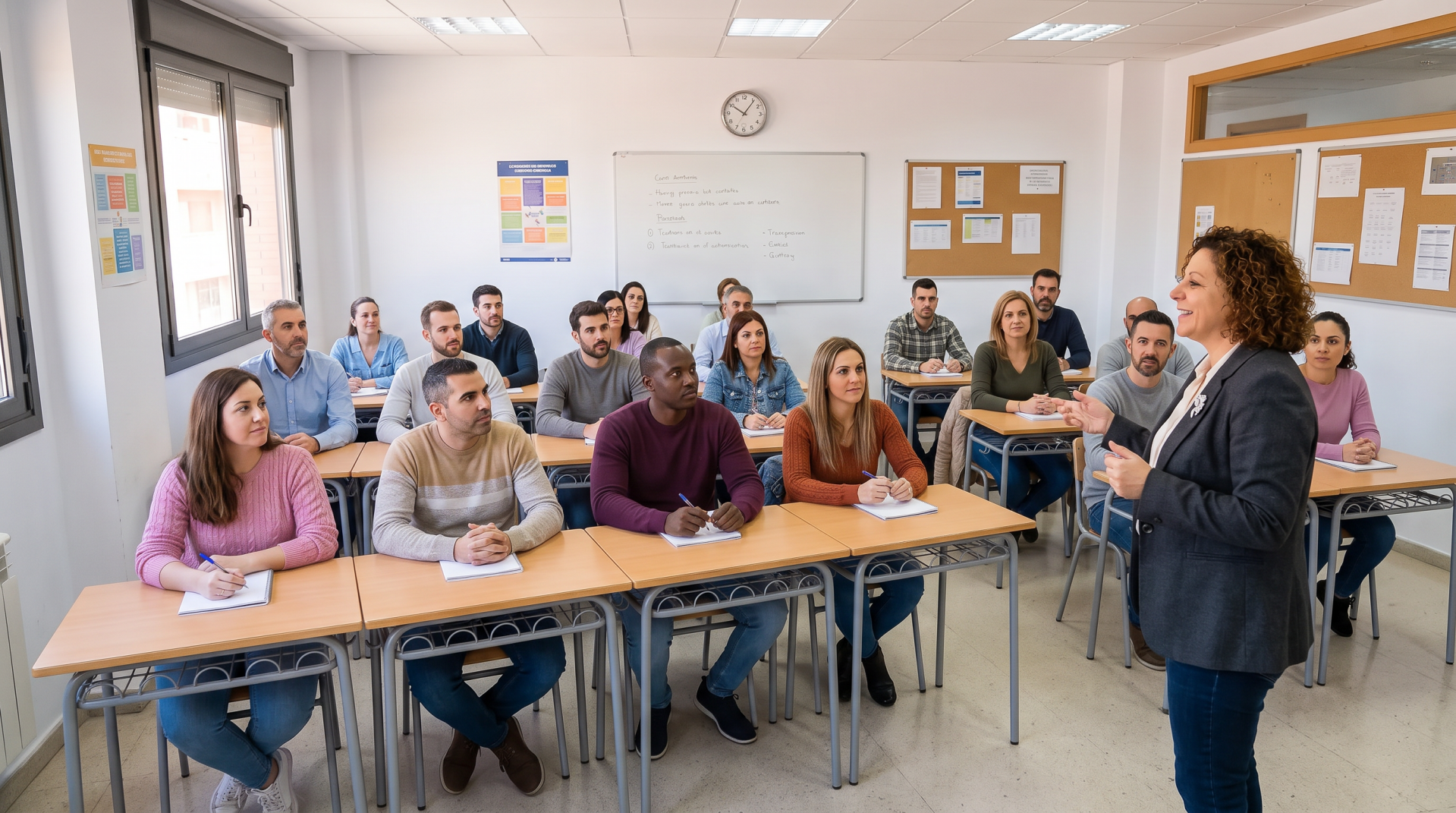 Docente impartiendo formación especializada en Seguridad Privada a alumnado adulto.