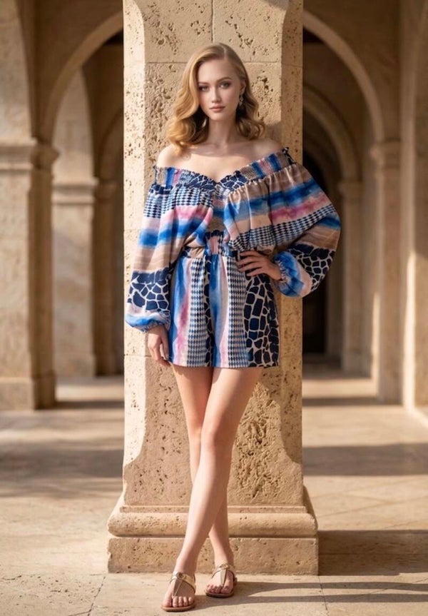 Printy Balloon Sleeve Playsuit Blue