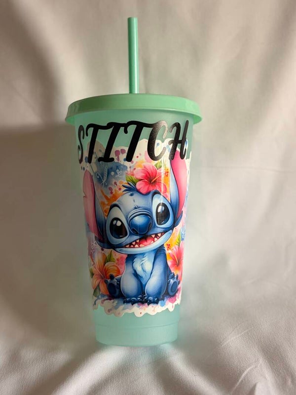 Stitch-Inspired Beaker with Vinyl Sticker Design – Cute Tropical Character Cup with Straw