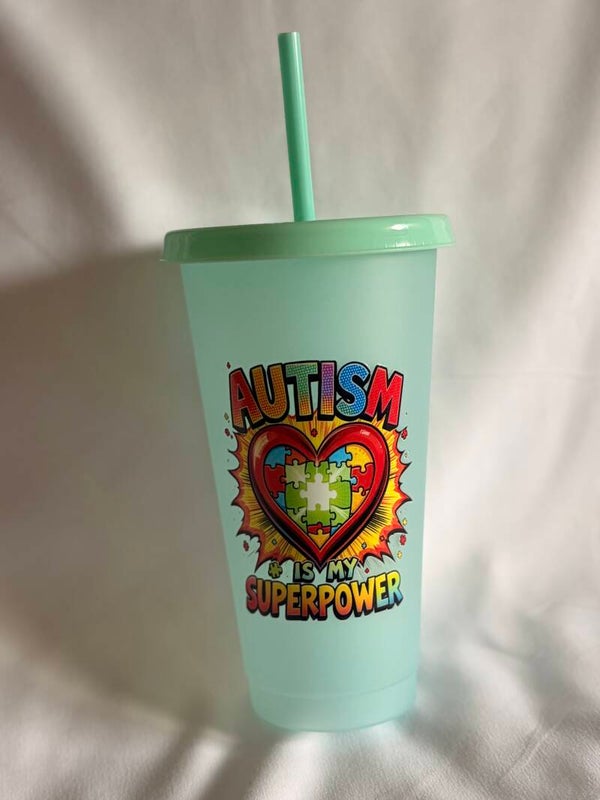 Autism-Inspired Beaker with Dual Vinyl Designs – Reusable Cup with Straw