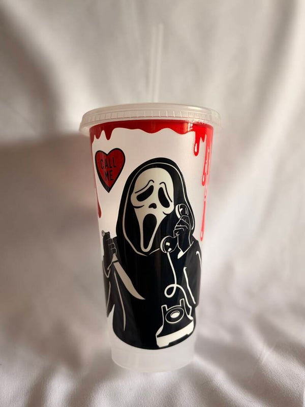 Horror-Inspired Beaker with Vinyl Design – Ghost Face Movie-Inspired Cup with Straw
