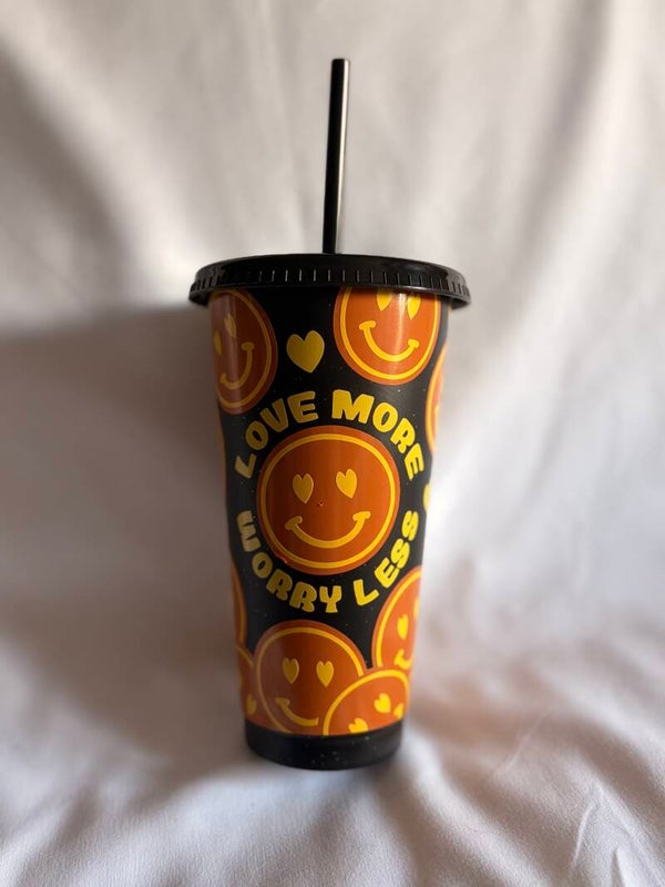Love More, Worry Less Beaker with Vinyl Design – Positive Smiley Face Cup with Straw