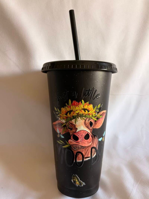 Just a Little Moo-dy Beaker with Vinyl Design – Cute Highland Cow Cup with Straw