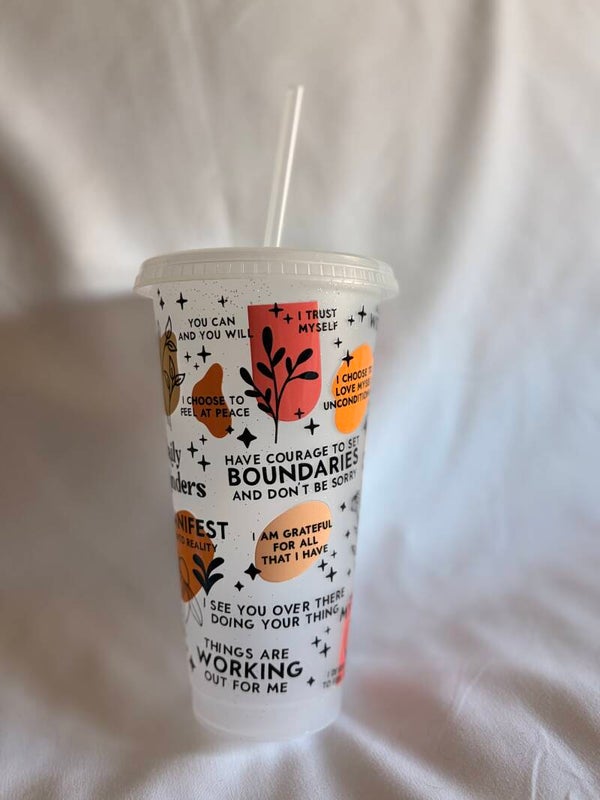 Daily Affirmations Beaker with Vinyl Design – Inspirational Positive Mindset Cup with Straw