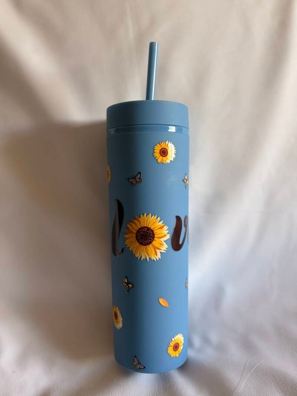 Love Sunflower Matte Rubber Coated Tumbler with Vinyl Design – Reusable Tumbler with Straw