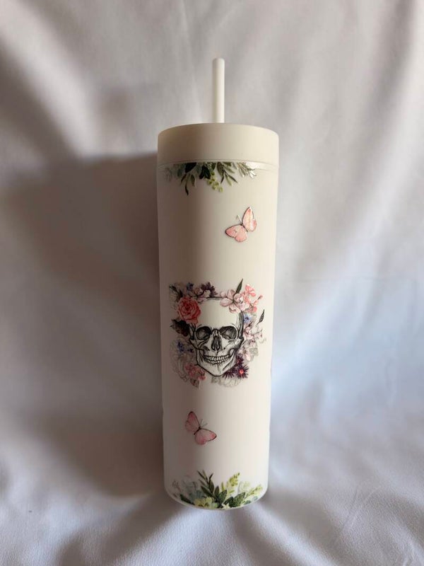 Floral Skull Matte Rubber Coated Tumbler with Vinyl Design – Reusable Tumbler with Straw