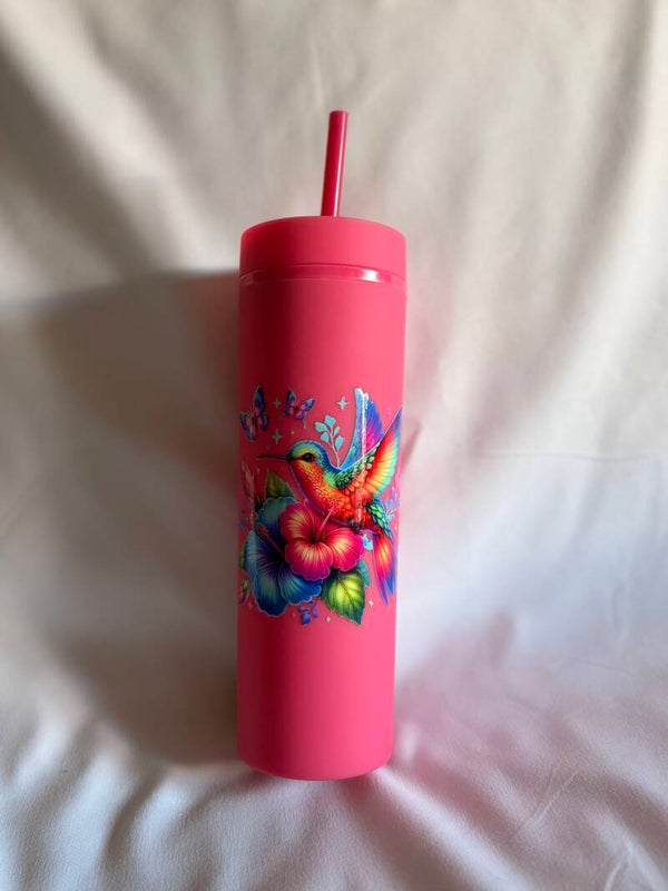 Hummingbird Matte Rubber Coated Tumbler with Two Vinyl Designs – Reusable Tumbler with Straw