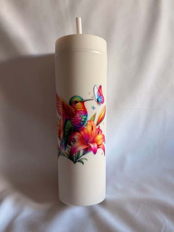 Colourful Hummingbird Matte Rubber Coated Tumbler with Three Vinyl Designs – Reusable Tumbler with Straw