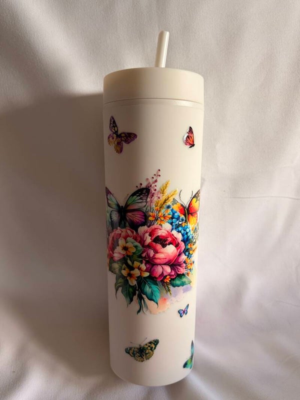 Floral & Butterfly Matte Rubber Coated Tumbler with Vinyl Design – Reusable Tumbler with Straw