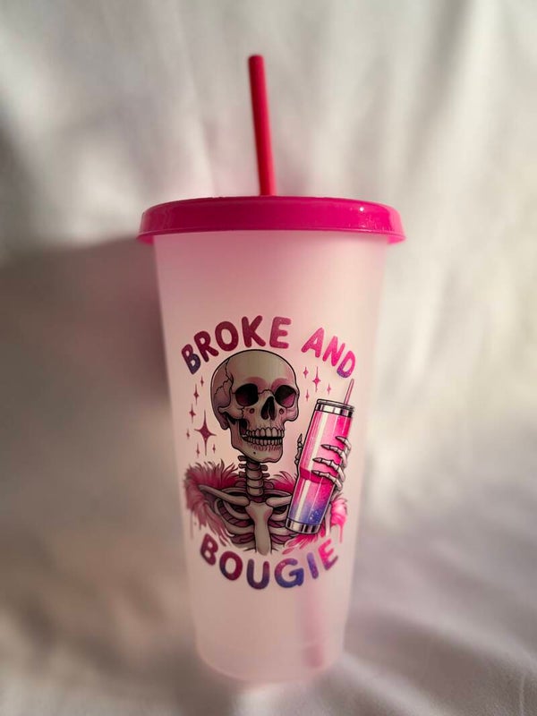 Broke & Bougie Frosted Reusable Beaker with Vinyl Design – Funny Skeleton Cup with Straw