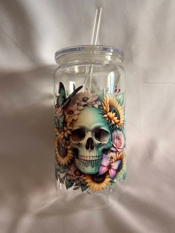 Skull & Sunflower Clear Tumbler – 16oz Reusable Cup with Straw