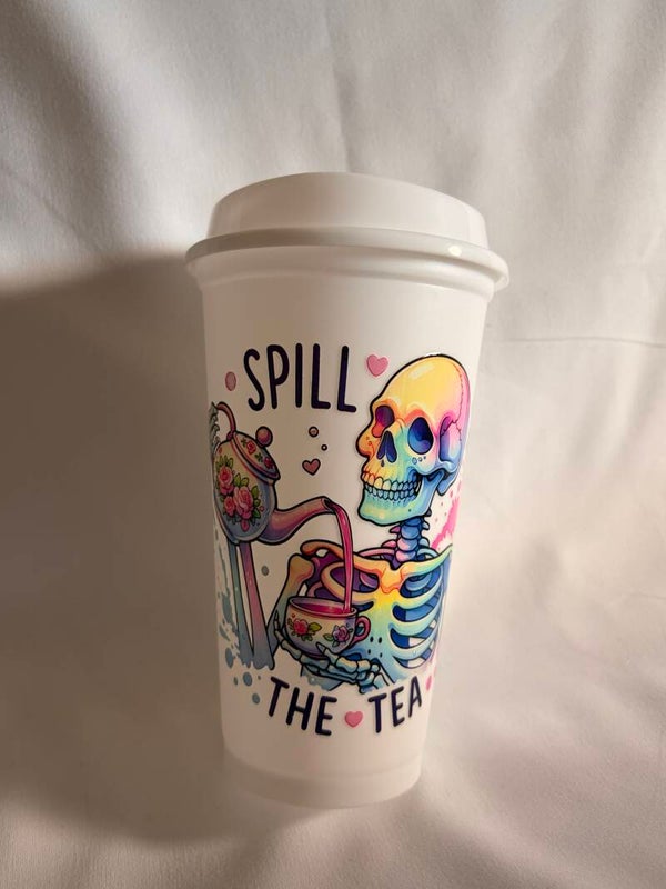 “Spill the Tea” Skeleton Travel Mug – Reusable Coffee Cup with Lid