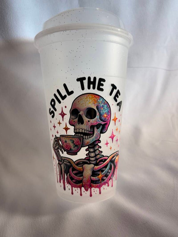 “Spill the Tea” Skeleton Travel Mug – Reusable Coffee Cup with Lid