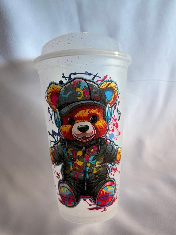 Urban Graffiti Teddy Bear Travel Mug – Reusable Coffee Cup with Lid