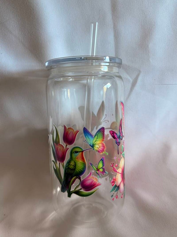 Hummingbird & Butterfly Clear Tumbler – 16oz Reusable Cup with Straw