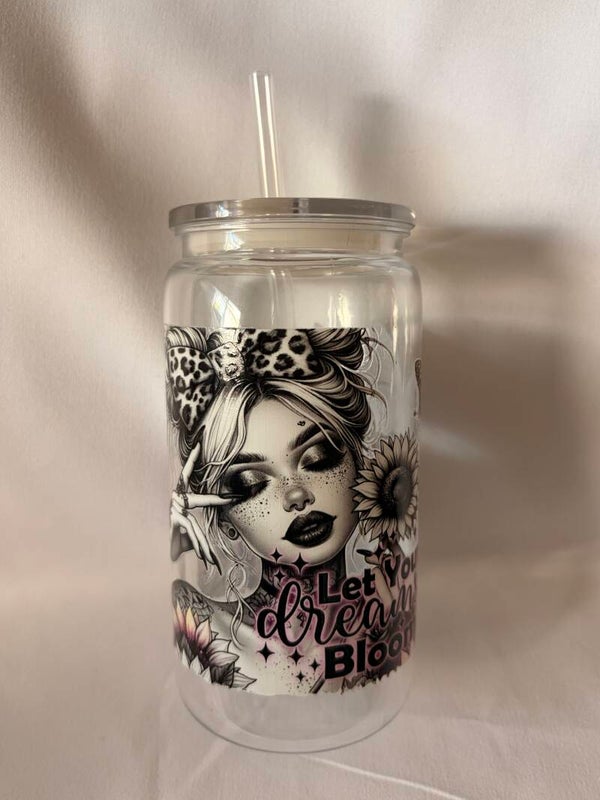 “Let Your Dreams Bloom” Clear Tumbler – 16oz Reusable Cup with Straw