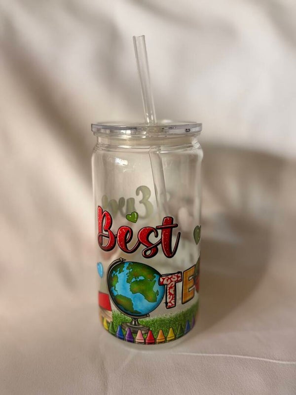 Best Teacher Ever Clear Tumbler – 16oz Reusable Cup with Straw