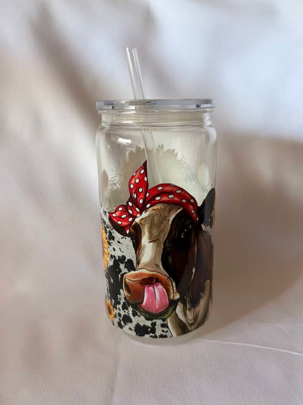 Sunflower Cow Clear Tumbler – 16oz Reusable Cup with Straw