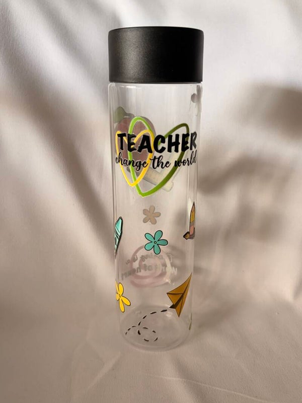 400ml Teacher Skinny Water Bottle with Vinyl Design – Reusable Clear Bottle