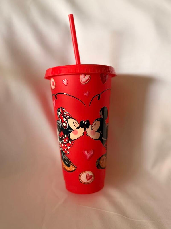 24oz Mickey & Minnie Love Tumbler – Reusable Cold Cup with Lid & Straw