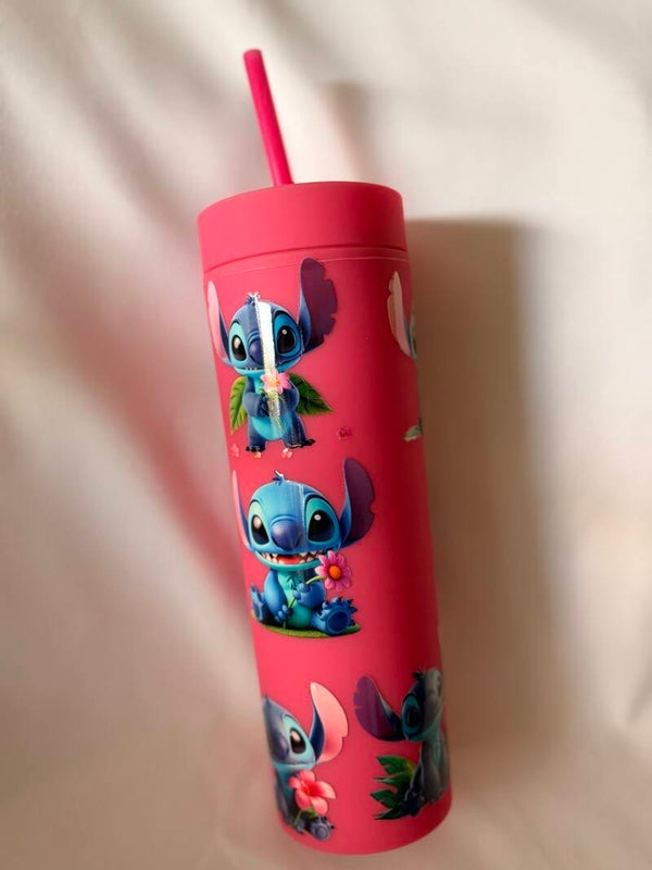 Matte Rubber Coated Stitch Inspired Tumbler with Vinyl Design – Reusable Tumbler with Straw