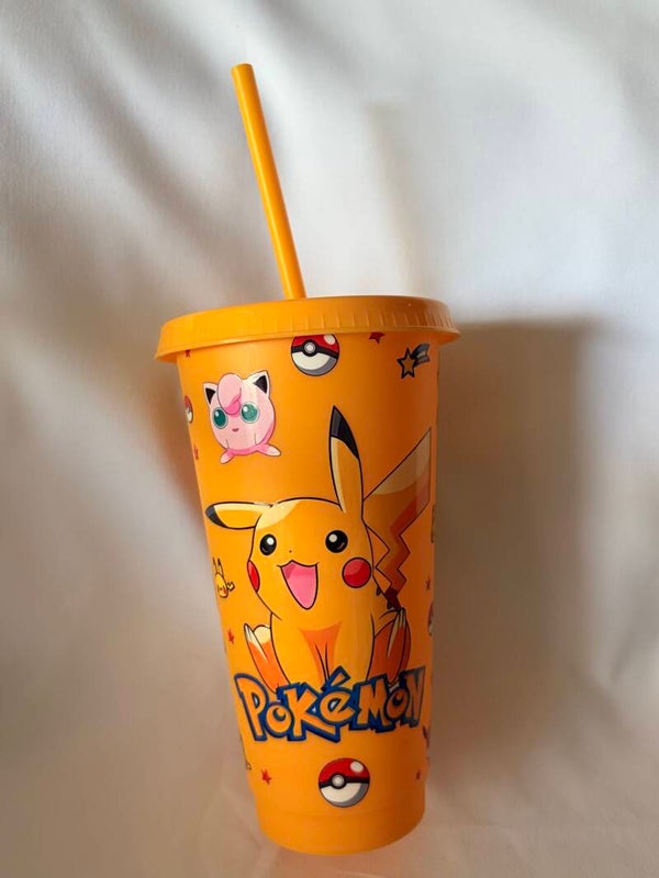 Pokémon-Inspired Beaker with Vinyl Sticker Design – Fun Character Cup with Straw