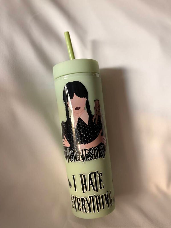 Wednesday Inspired Matte Rubber Coated Tumbler with Vinyl Design – Reusable Tumbler with Straw