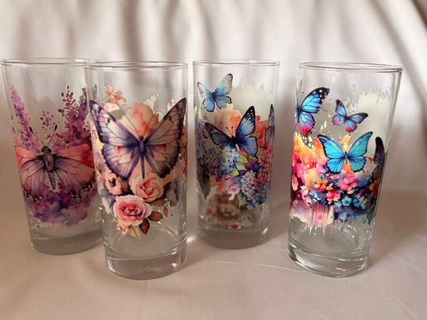 Set of 4 Handmade Butterfly Floral Glasses