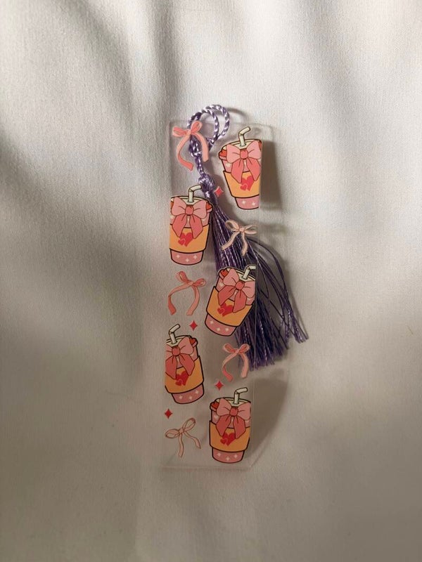 Pink Bow Drink Vinyl Design Bookmark with Lavender Tassel 🎀🧋