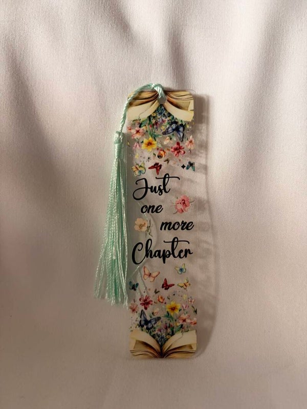 “Just One More Chapter” Vinyl Design Bookmark with Mint Tassel 📖🦋🌸