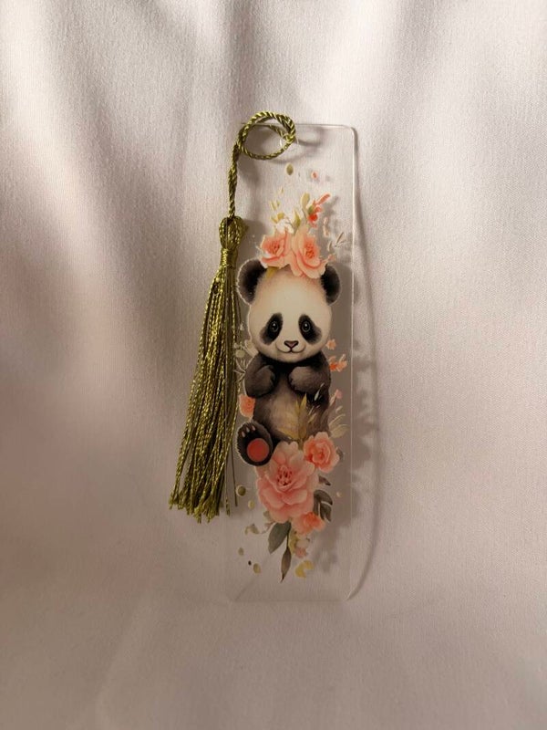 Floral Panda Vinyl Design Bookmark with Olive Green Tassel 🐼🌸📚