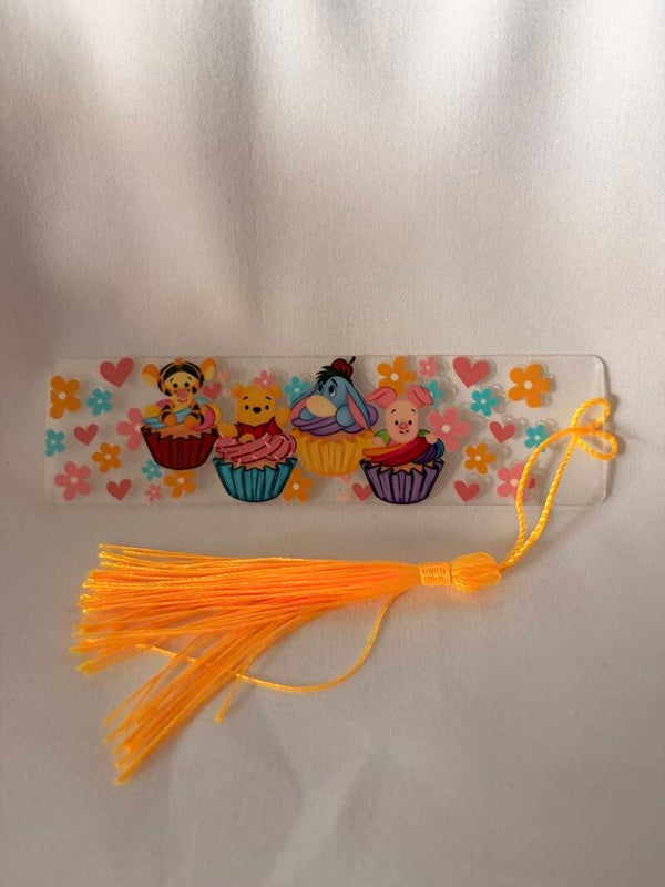 Winnie the Pooh & Friends Cupcake Vinyl Design Bookmark with Neon Orange Tassel 🧸🧁📚