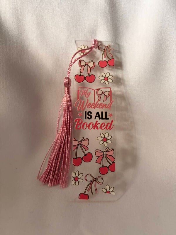 “My Weekend Is All Booked” Cherry Vinyl Design Bookmark with Pink Tassel 🍒📚🎀