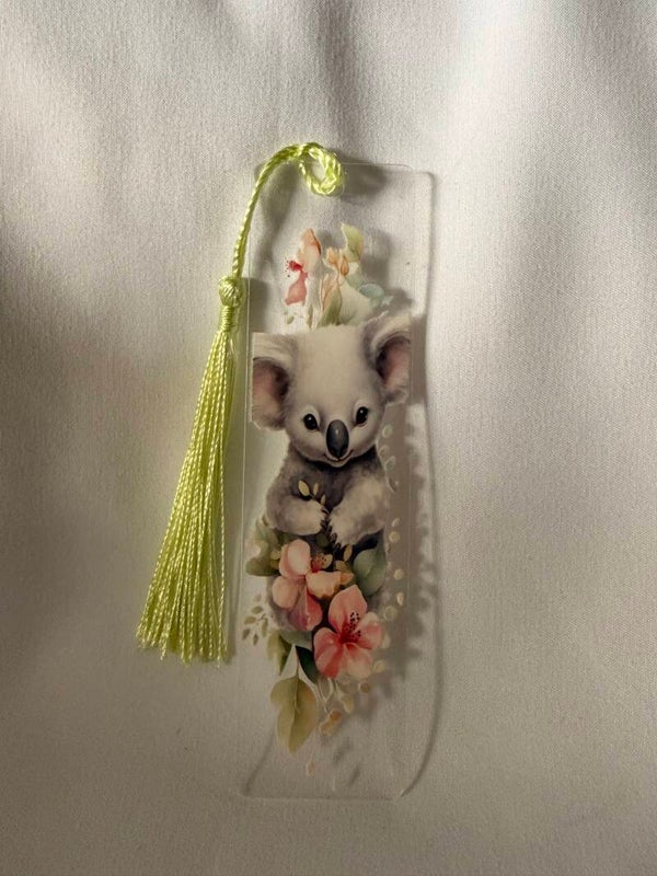 Floral Koala Vinyl Design Bookmark with Lime Green Tassel 🐨🌸📚
