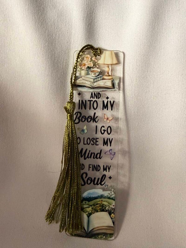 “Into My Book I Go to Lose My Mind and Find My Soul” Vinyl Design Bookmark with Olive Green Tassel 📚🦋🌿