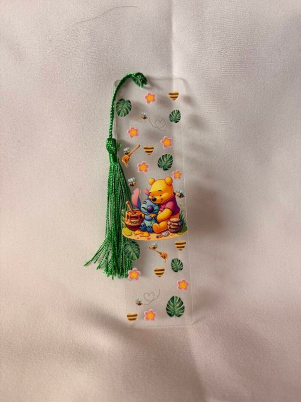 Winnie the Pooh & Stitch Inspired Vinyl Design Bookmark with Green Tassel 🍯💚📚