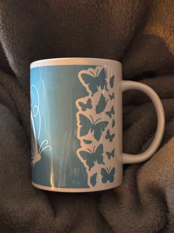 Butterfly Design 15oz Coffee Mug – Sky Blue Ceramic Cup