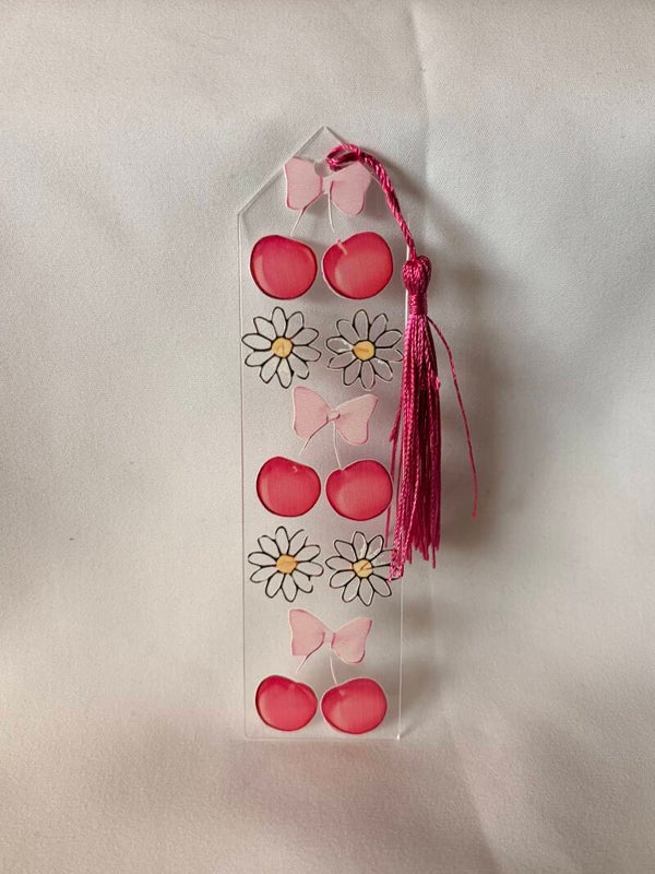 Pink Cherries & Daisies Bookmark with Pink Tassel 🍒🌼💖