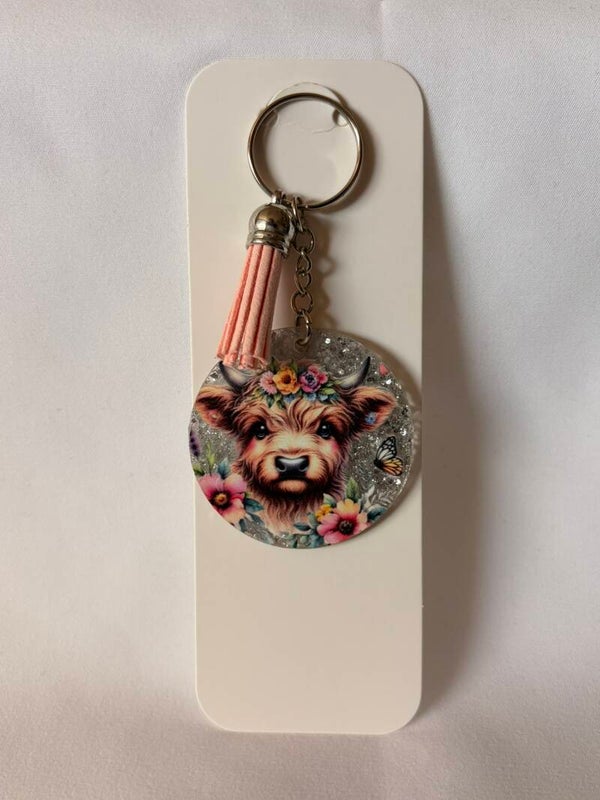 Floral Highland Cow Acrylic Keyring with Tassel