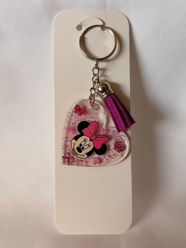 Heart Acrylic Keyring with Glitter & Tassel - Minnie Mouse
